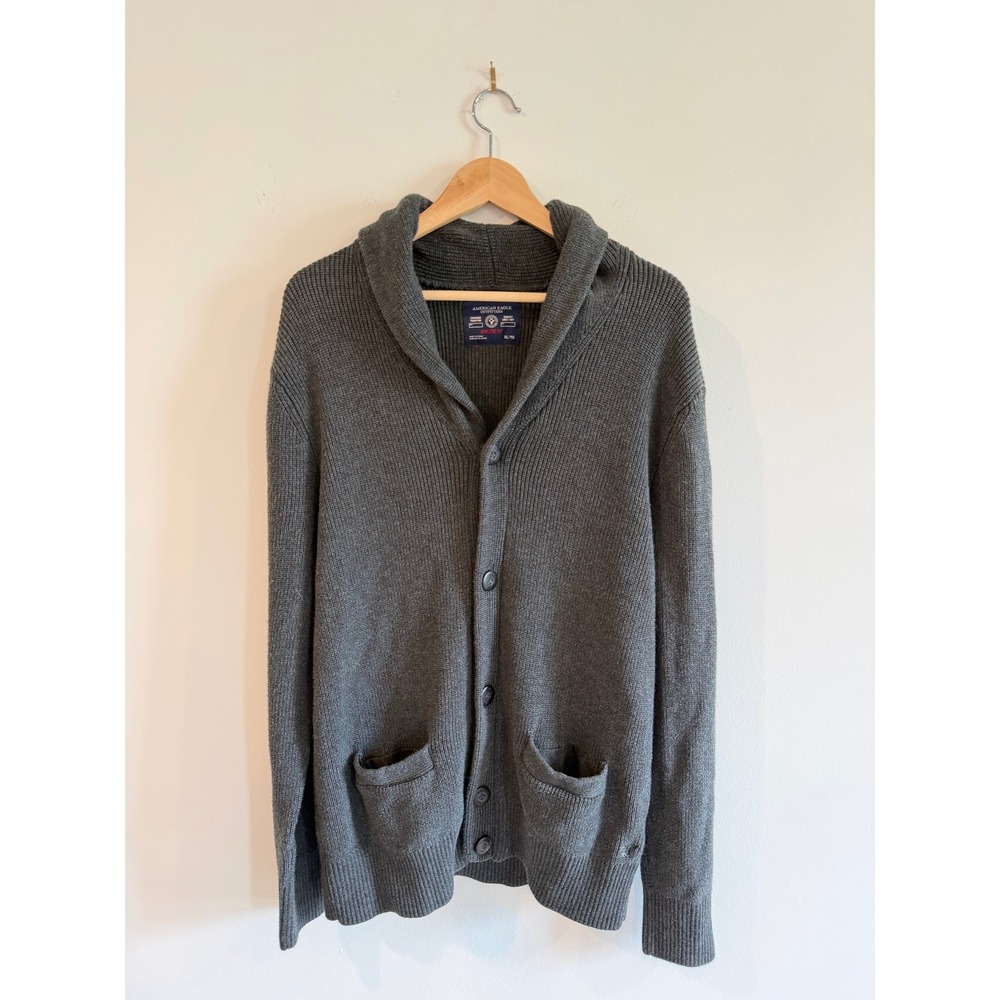 American Eagle Mens Shawl Collar Cardigan Sweater Gray Athletic Fit XL Cotton